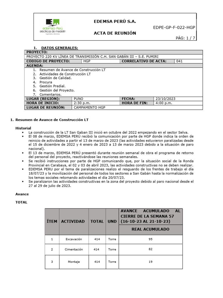 Edpe-Gp-F-022-Hgp Acta 2023-10-23 | PDF | Perú | Vehículos de combate ...
