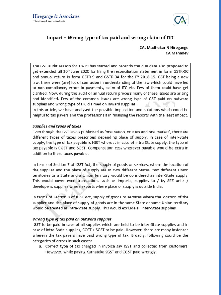 484b6 Impact Wrong Type of Tax Paid and Wrong Claim of Itc | PDF ...