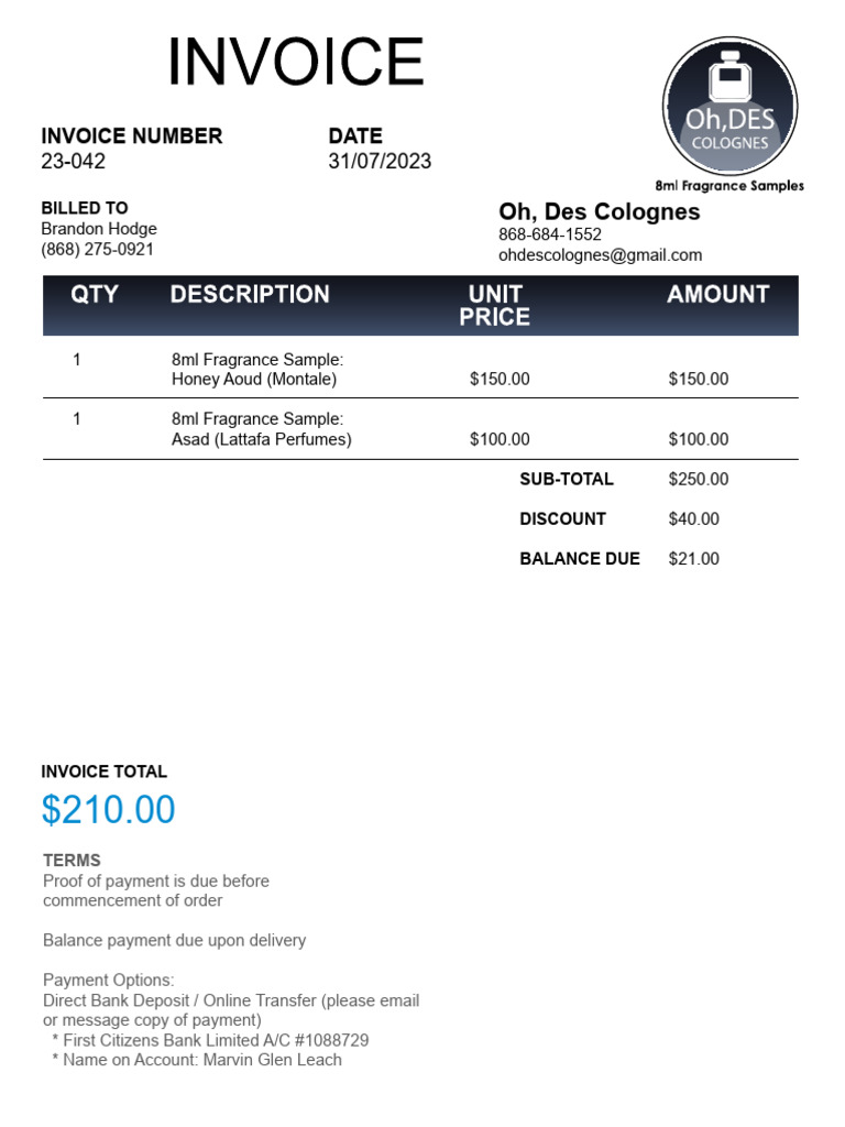Oh, Des Colognes: Invoice Number Date | PDF