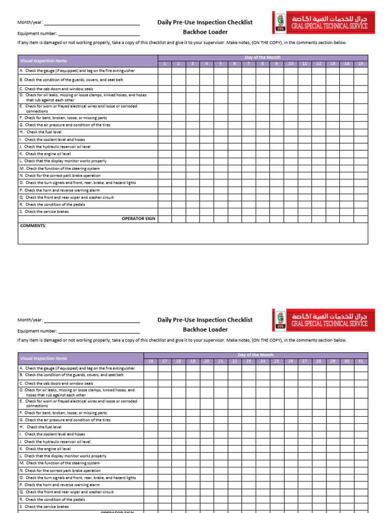 Daily Backhoe Loader Inspection Checklist | PDF | Transport | Vehicle ...