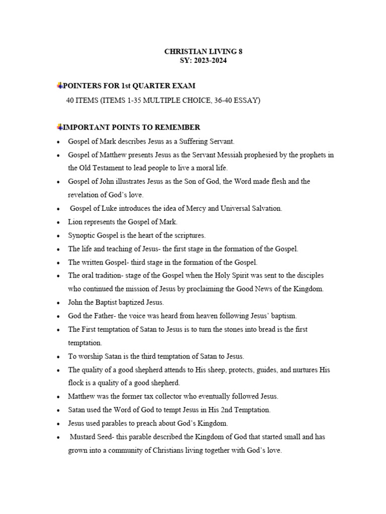 Christian Living Exam Study Guide | PDF | Jesus | Gospels