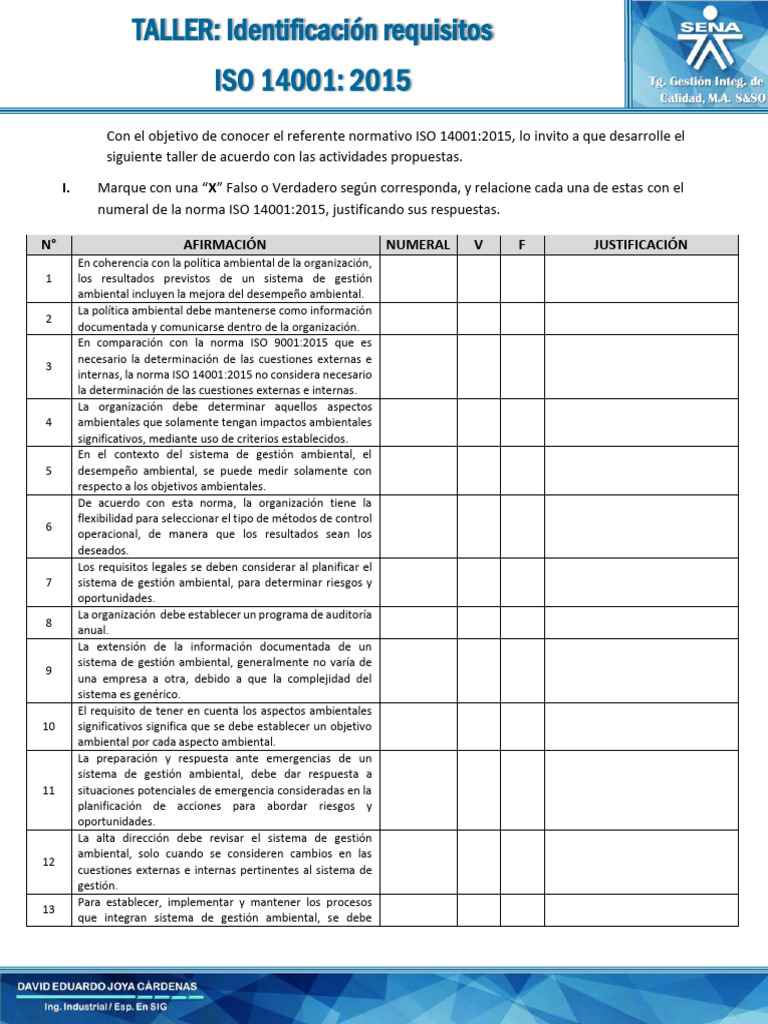 Taller - Identificación de Requisitos - ISO 140012015 | PDF | Entorno ...