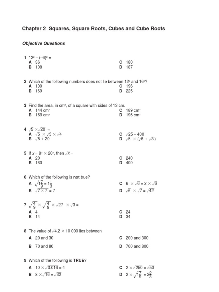 Chapter 2 squares square roots cubes and cube roots objective questions