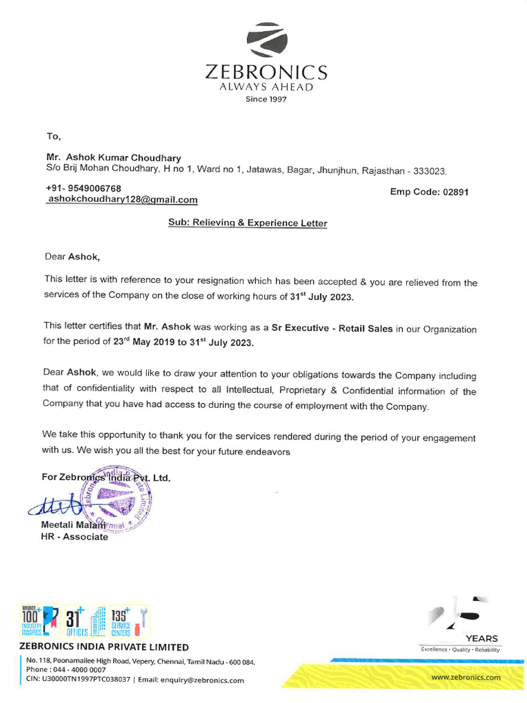 Relieving & Experience Letter Ashok Kumar Choudhary (02891) PDF