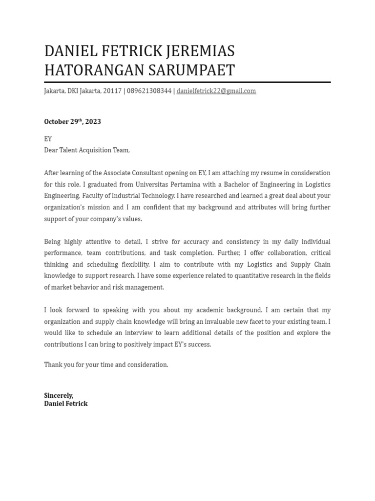 Logistics Engineer Cover Letter for EY | PDF | Career & Growth