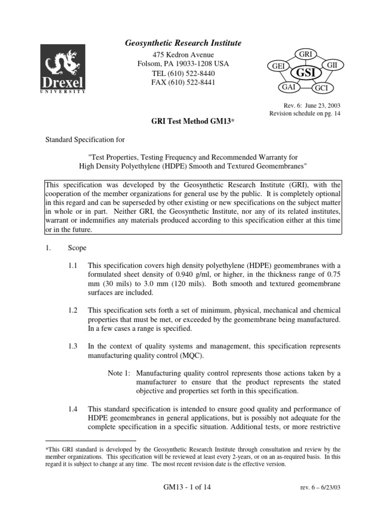 GRI GM13 HDPE Geomembrane Standard | PDF | Polyethylene | Strength Of ...
