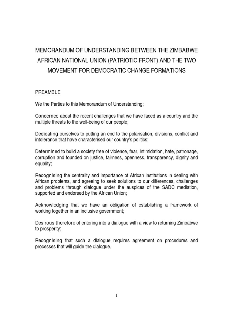 Zimbabwe Memorandum Of Understanding PDF Government Justice
