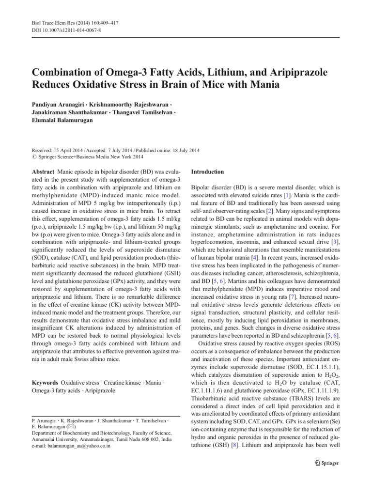Combination of Omega3 Fatty Acids, Lithium, and Aripiprazole Reduces