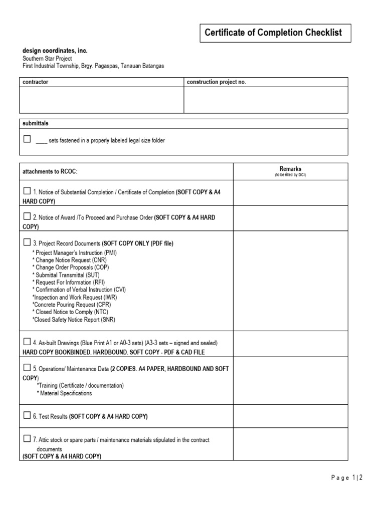 Certificate of completion checklist design coordinates inc pdf