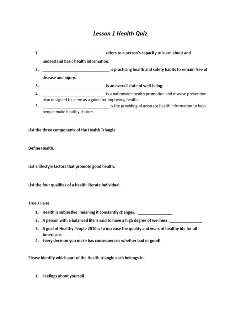 Lesson 1 Health Quiz PDF