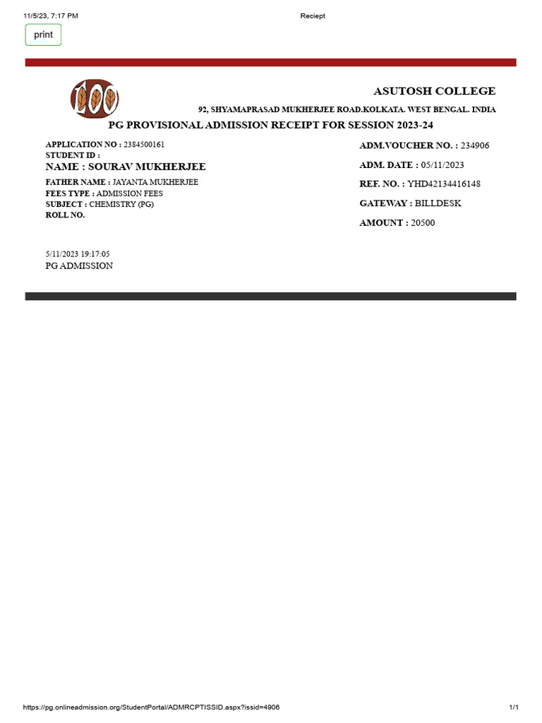 Admission Receipt Meaning In Hindi