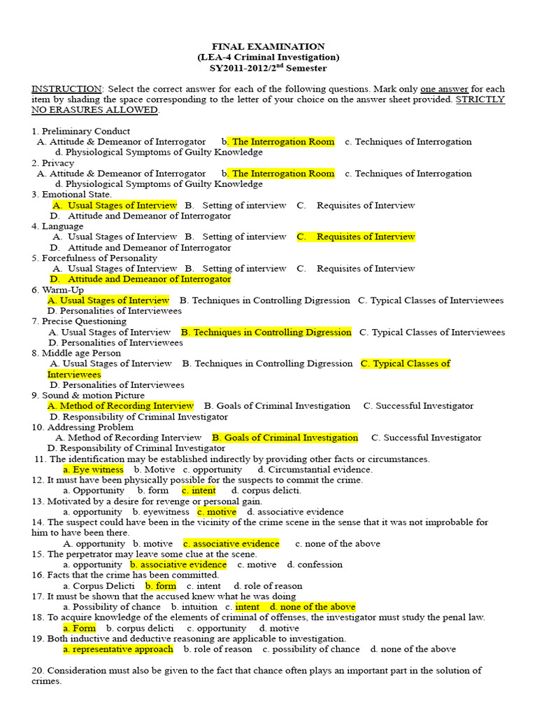 Final Exam LEA 4 OLFU WITH ANSWER 1 PDF Crime Scene Confession