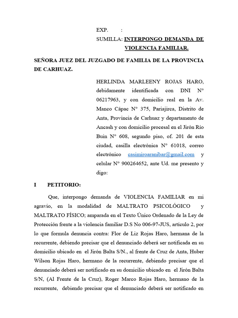 Demanda de Violencia Familiar | PDF | Justicia | Crimen y violencia
