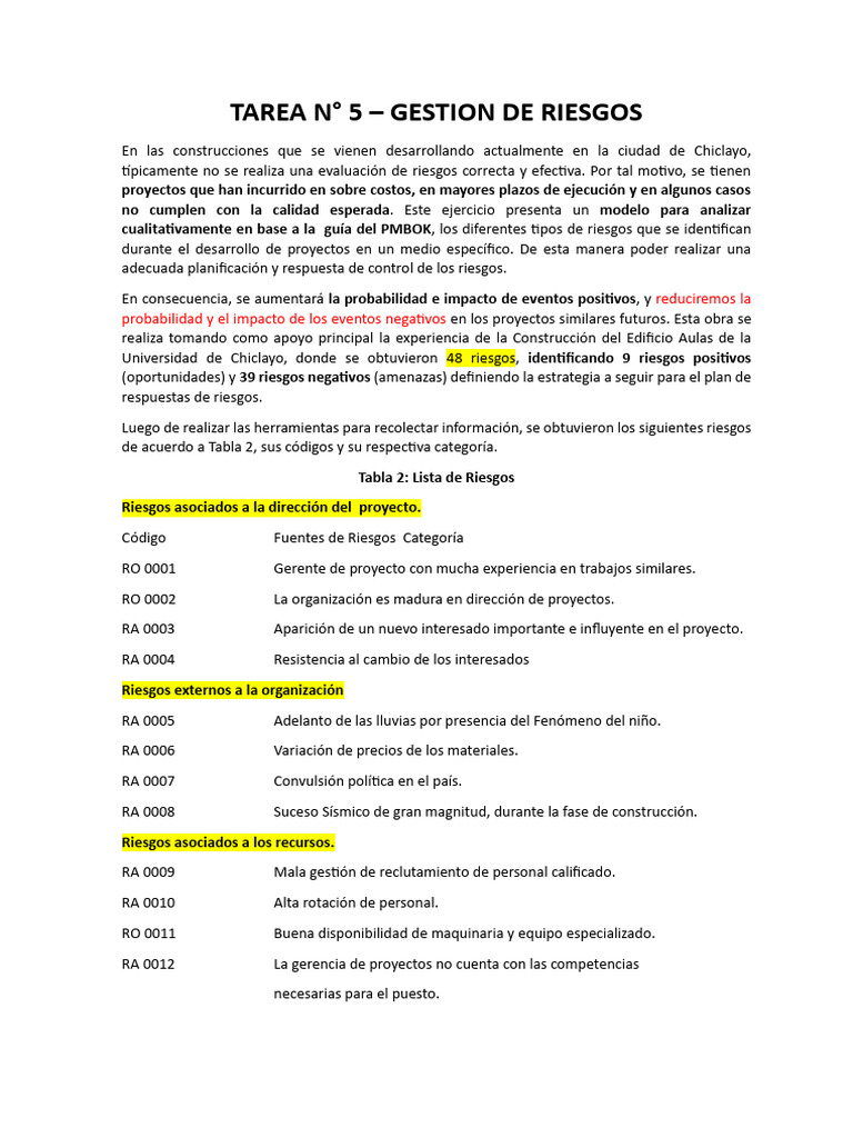 Gestión de Riesgos en Proyectos Chiclayo | PDF | Riesgo | Probabilidad