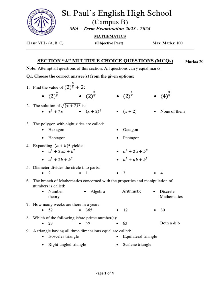 Class 8 Maths Paper ST Paul's PDF Triangle Logarithm