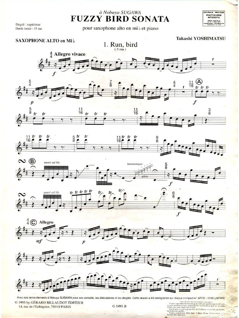 Yoshimatsu Fuzzy Bird Sonata Pour Saxophone Alto en Mib Et Piano Alto PDF
