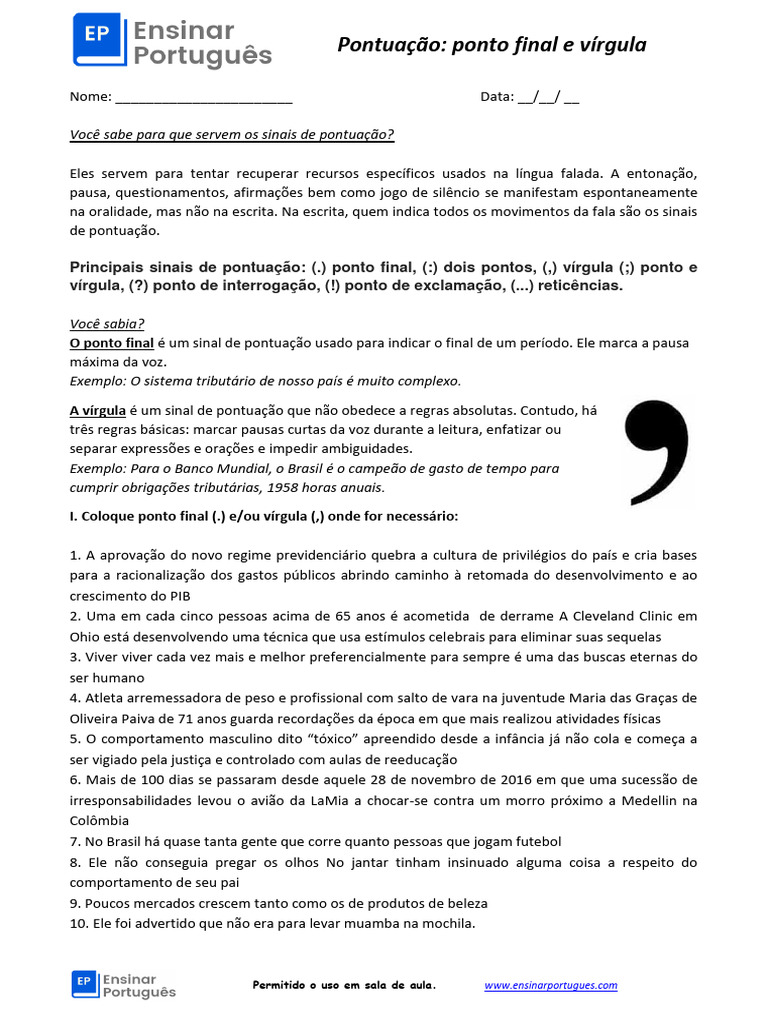 Folha-de-exercícios_Pontuação_Ponto-final-e-Vírgula | PDF | Vírgula
