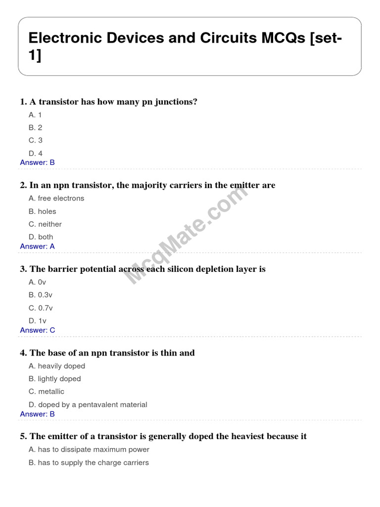 Electronic Devices and Circuits Solved MCQs (Set1) PDF Field
