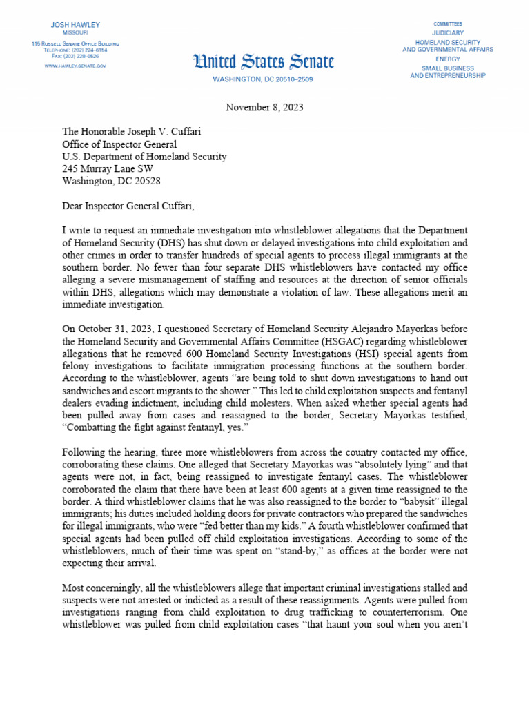 DHS Whistleblower Investigation Request | PDF | U.S. Immigration And ...