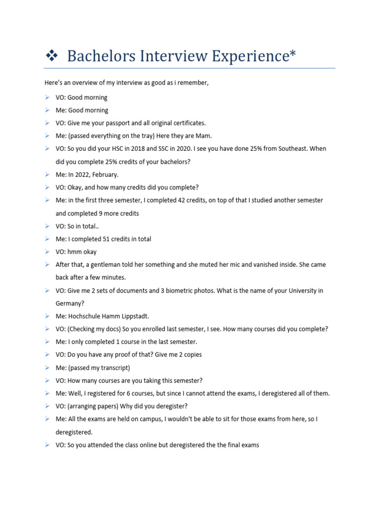 Bachelors Interview Experience Pdf