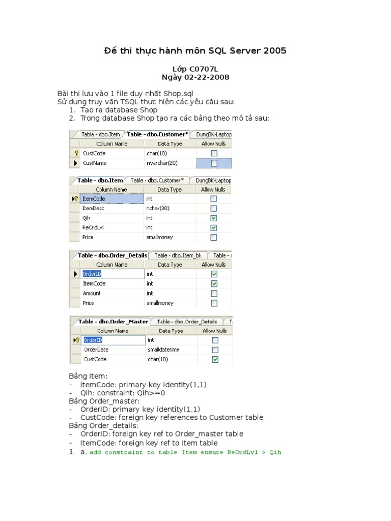 De Thi Thuc Hanh SQL | PDF