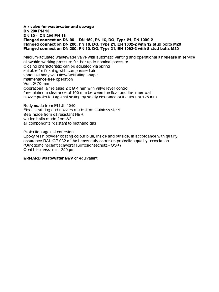 SP ERHARD Air Valves Waste Water Sewage DN 80 200 EKB en PDF