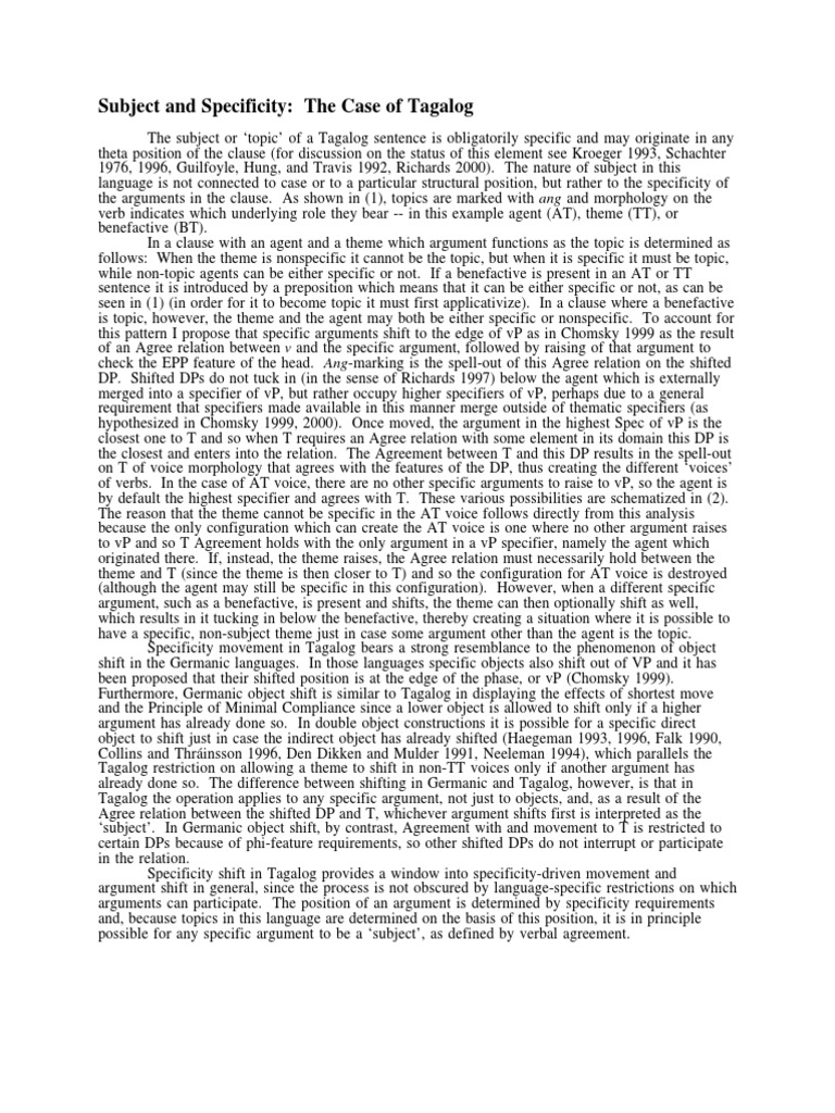 Tagalog Subject and Specificity Analysis | PDF | Subject (Grammar) | Clause