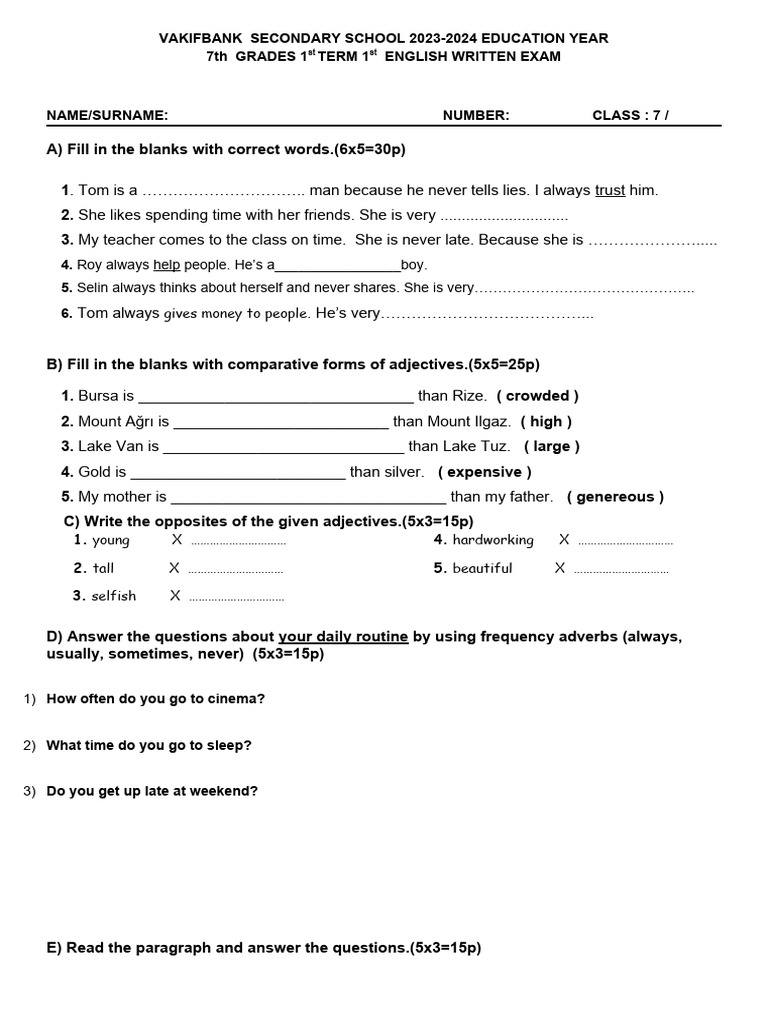 7th Grade English Exam 2023-2024 | PDF | Language Arts & Discipline