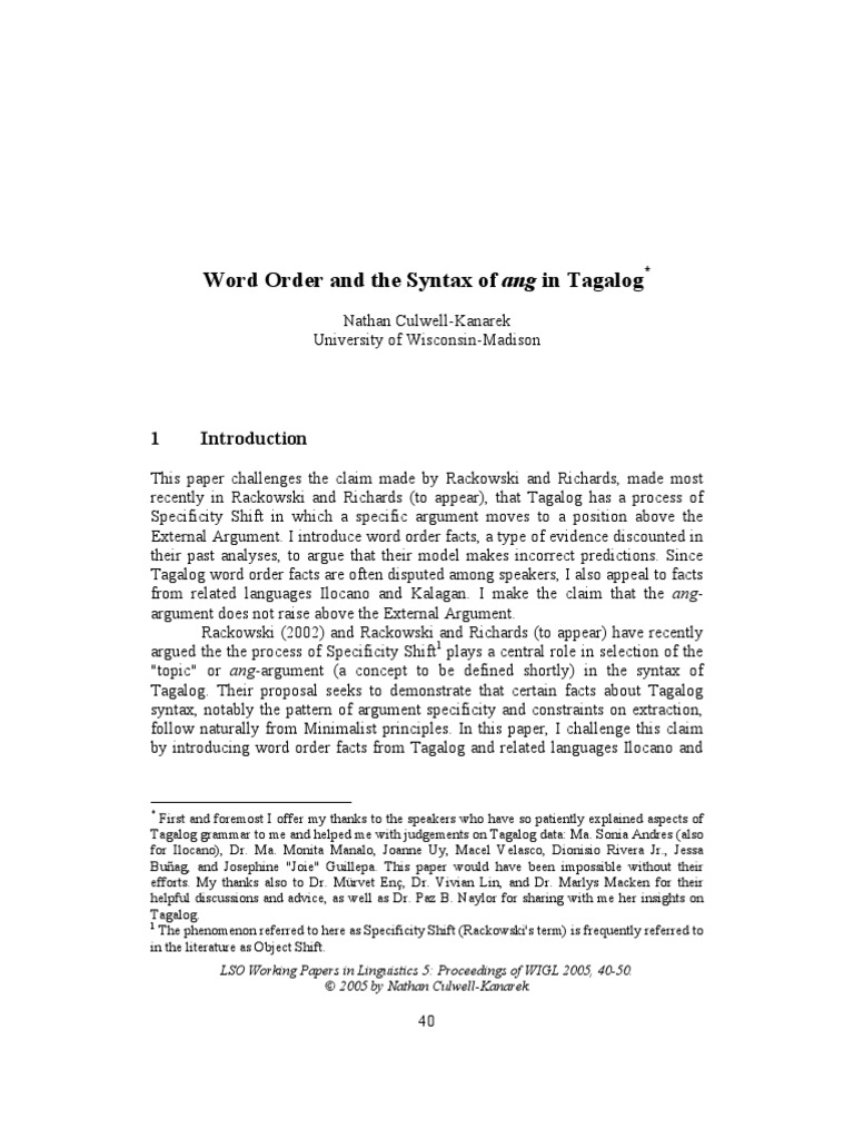 Word Order and The Syntax of Ang in Tagalog - Culwell-Kanarek | PDF ...
