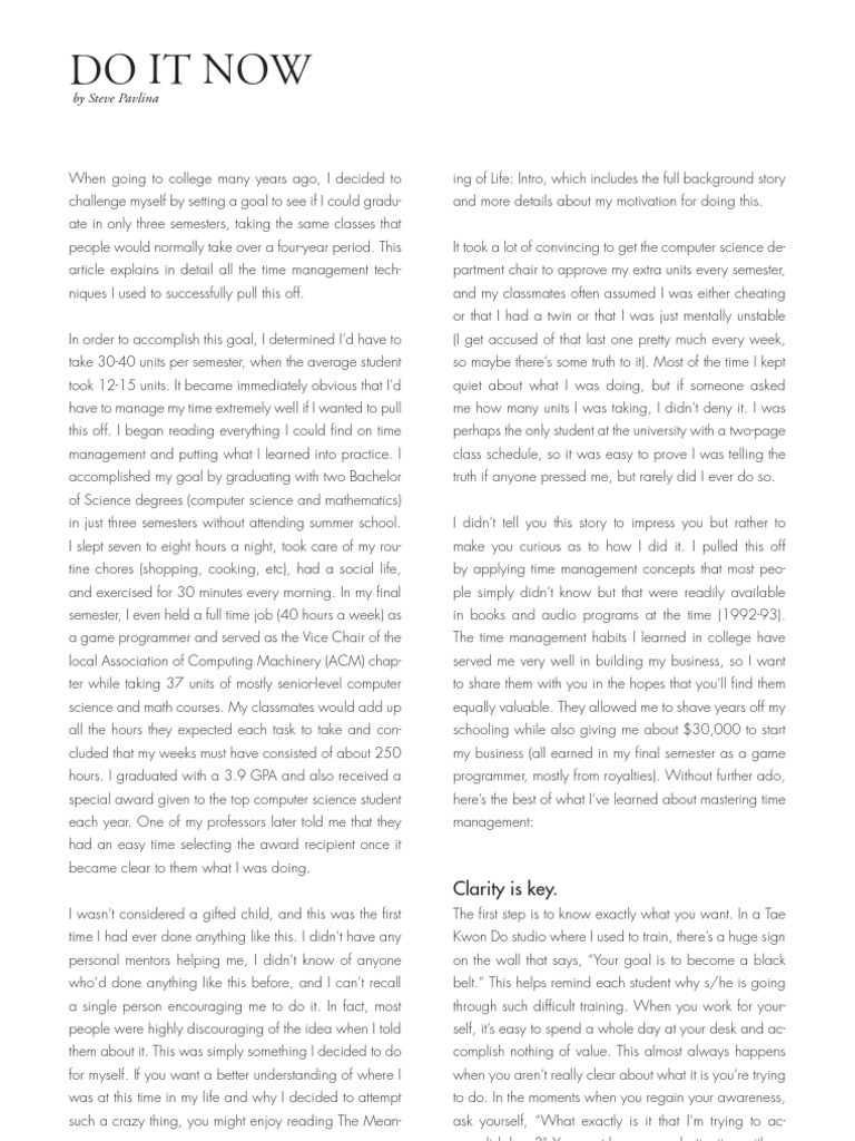 Do It Now! by Steve Pavlina Printable PDF Homework Motivation
