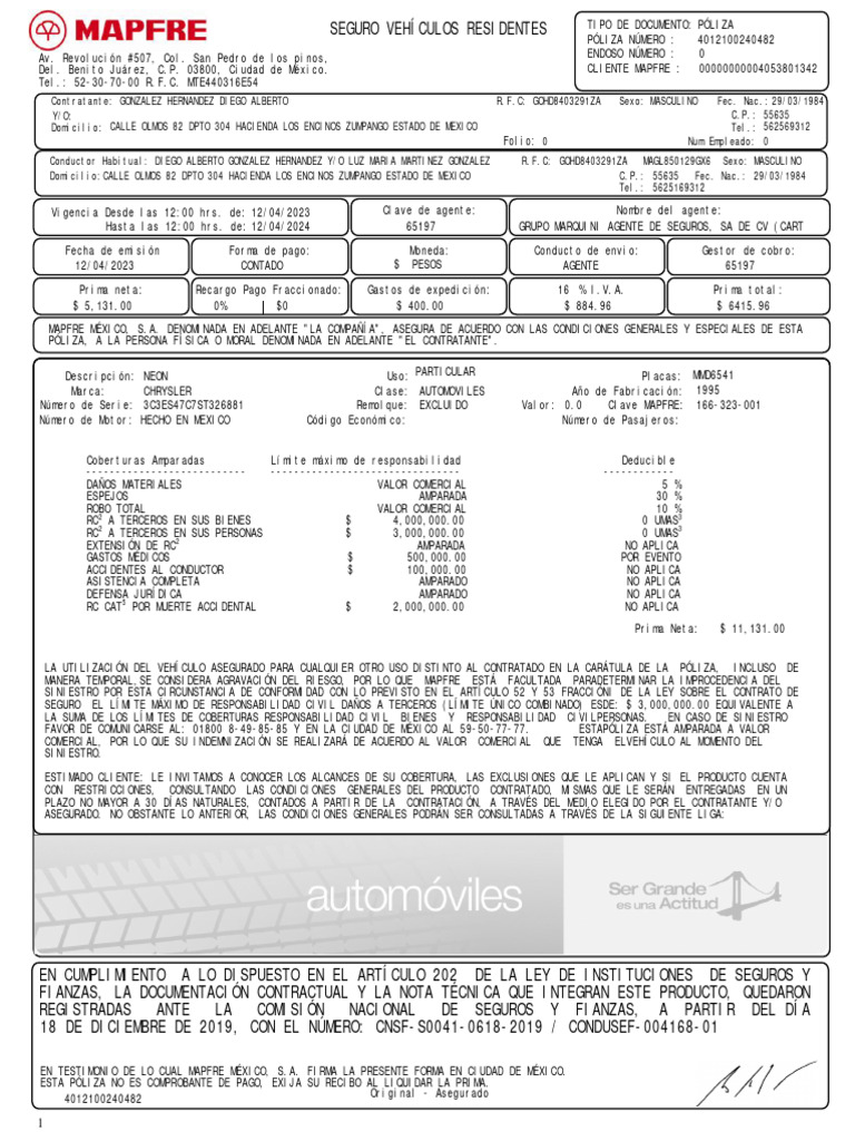 Póliza de Seguro Vehicular MAPFRE | PDF | Seguro | Póliza de seguros