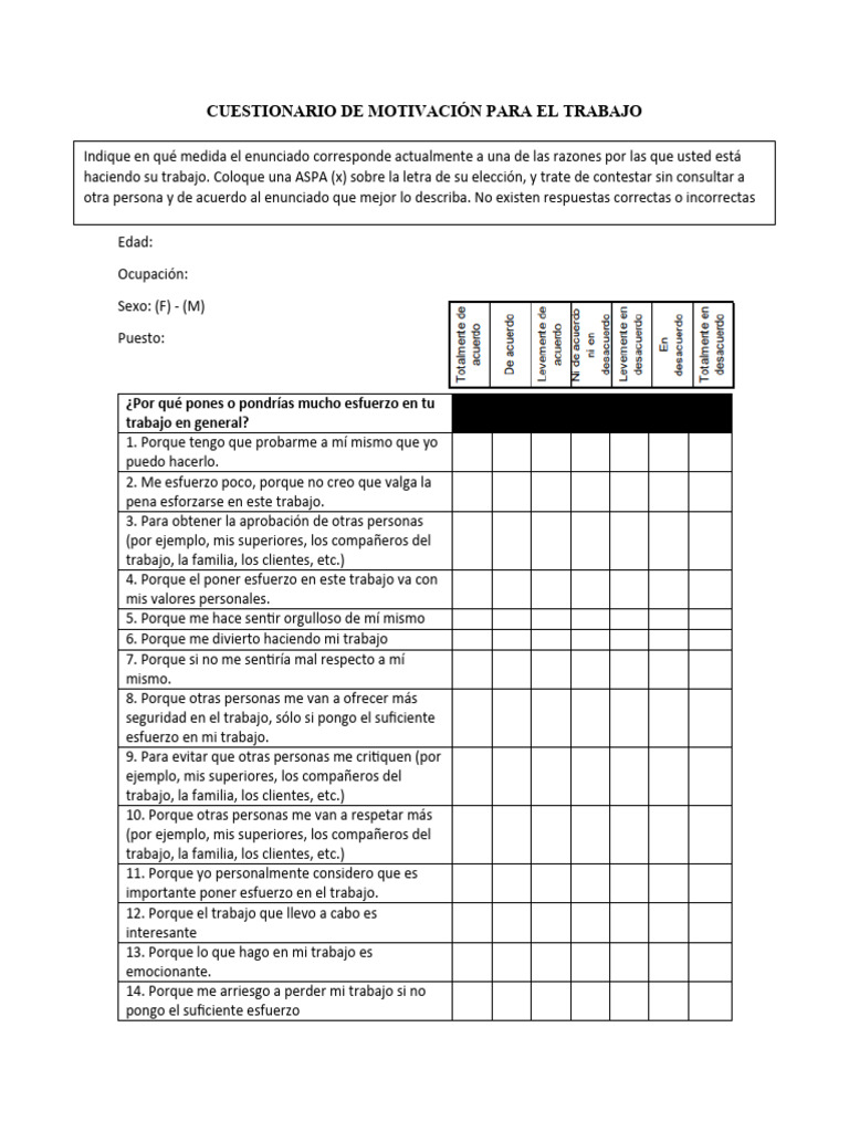 Cuestionario de Motivación Laboral | PDF | Crecimiento personal y ...