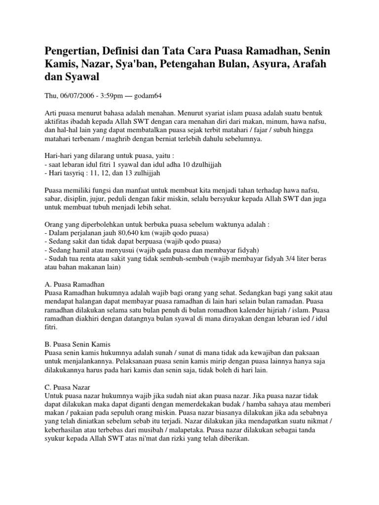 Pengertian Definisi Dan Tata Cara Puasa Ramadhan Senin Kamis Nazar Sya Ban An Bulan Asyura Arafah Dan Syawal Pdf