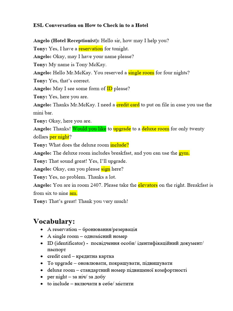 ESL Check in A Hotel | PDF
