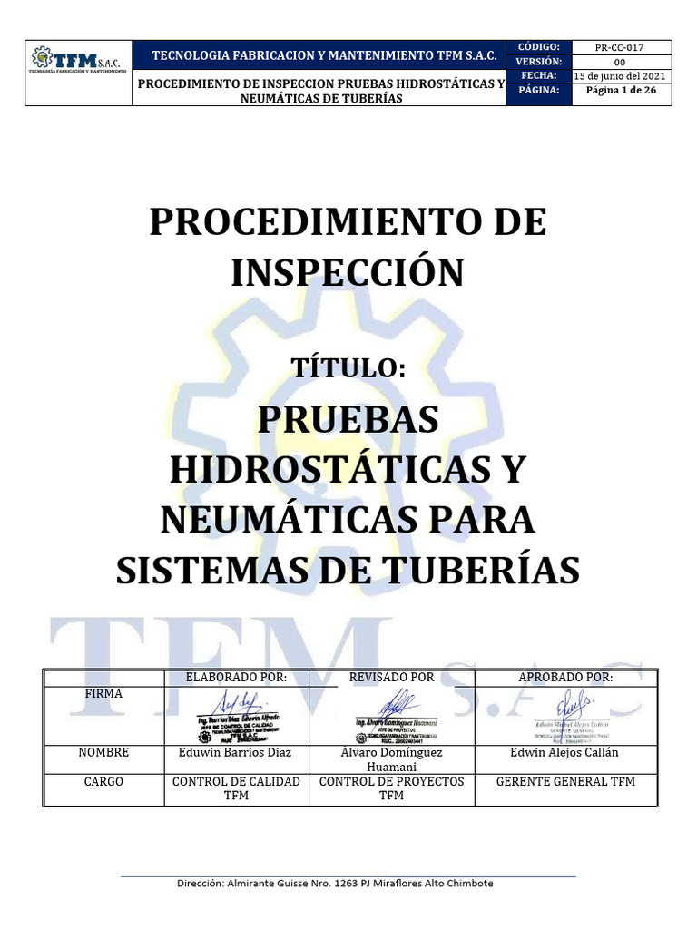 I-Cc-018 Procedimiento de Prueba Hidrostatica y Neumatica (V00) . | PDF ...