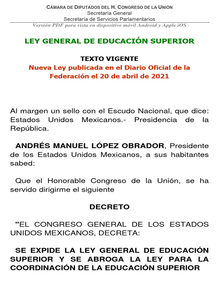 Ley General de Educacion Superior | PDF | Educación más alta | Titulo ...