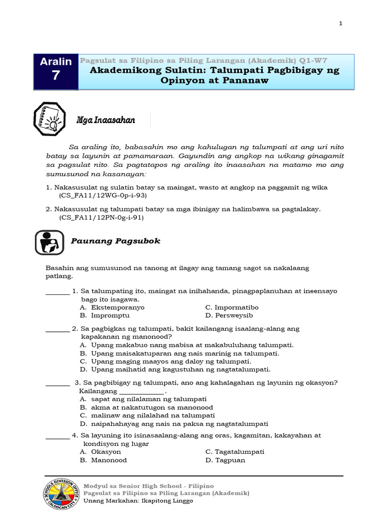 Filipino Akademik Q1 Week 7 | PDF
