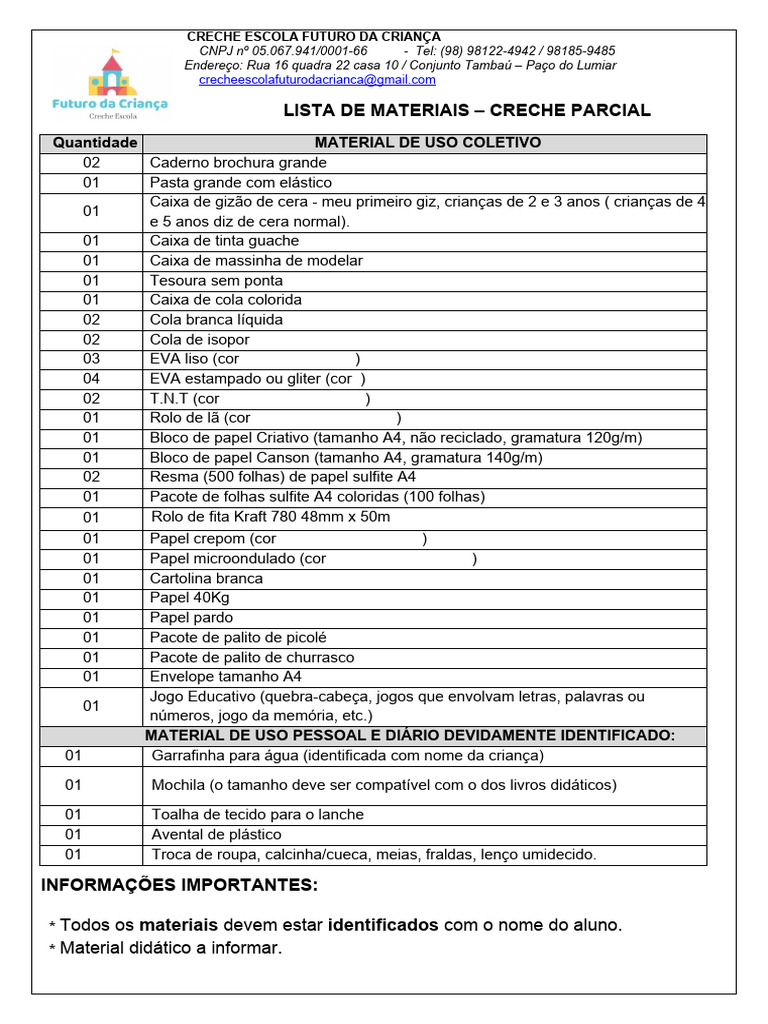Lista de Material - CRECHE PARCIAL - UNIT03 - FUTURO - DA - CRIANÇA | PDF