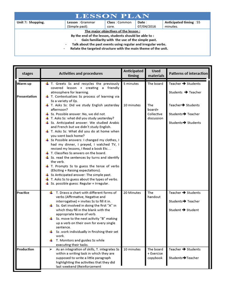 Simple Past Grammar Lesson Plan | PDF | Syntax | Linguistic Morphology
