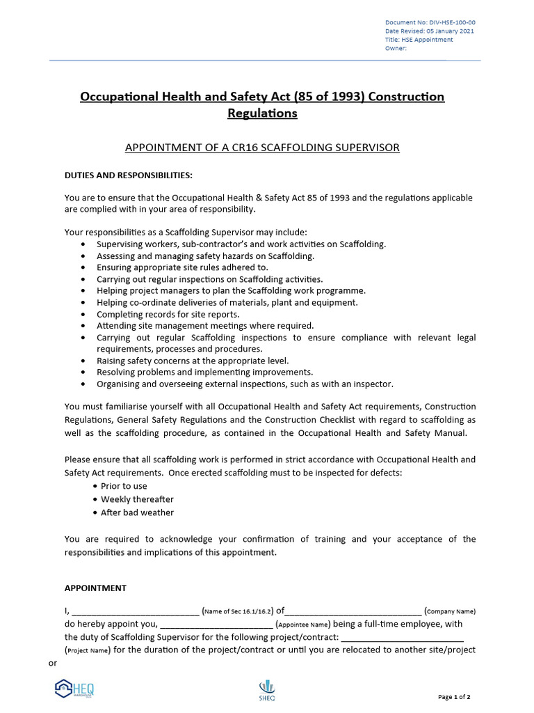 Appointment cr16 scaffolding supervisor 2021 pdf occupational