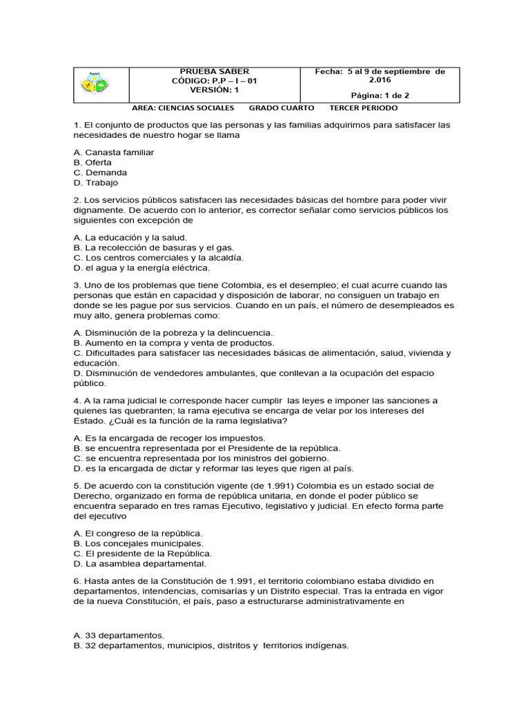Evaluación de Ciencias Sociales 4to Grado | PDF | Colombia | Gobierno