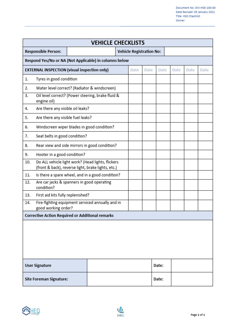 2021 Vehicle Safety Inspection Checklist | PDF