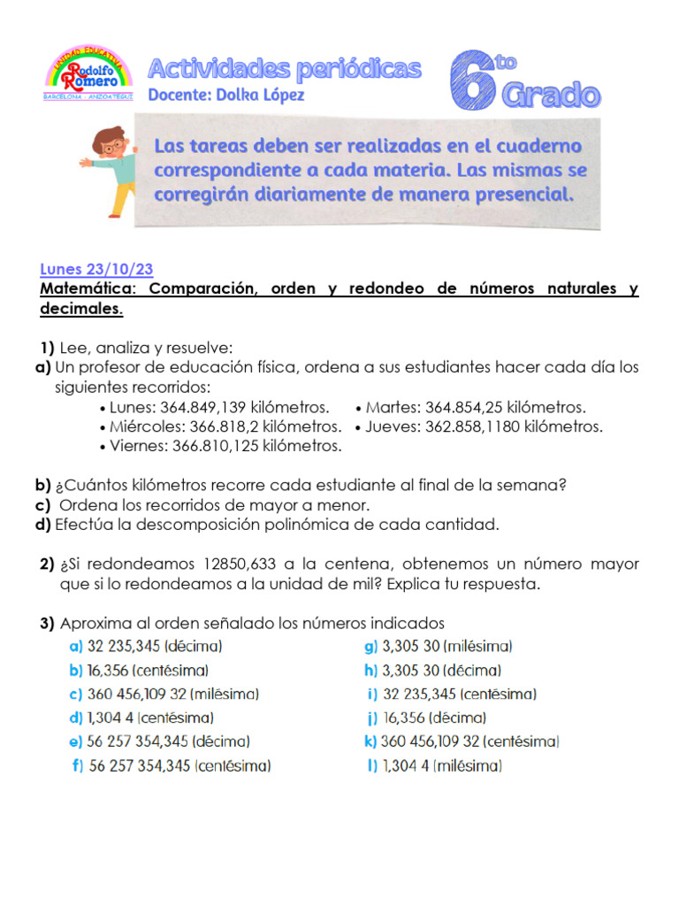 6to Grado - Tarea Semana Del 23 Al 26-10-23 | PDF