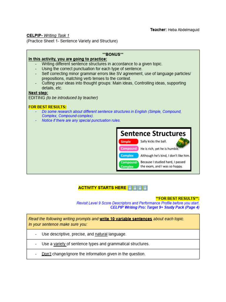 Celpip writing task 1 sentence structure practice sheet pdf