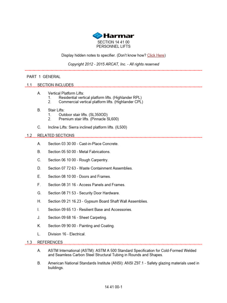 14 41 00 Personnel Lifts (Harmar) | PDF | Elevator | Sheet Metal