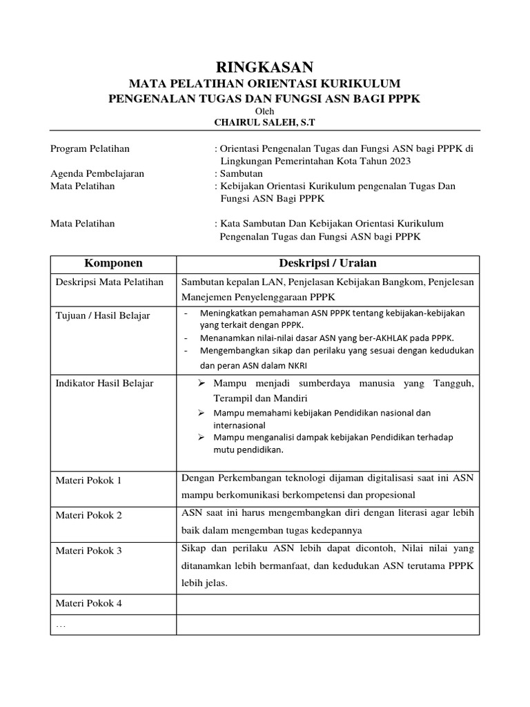 Ringkasan Materi Orientasi Kurikulum Pengenalan Tugas Dan Fungsi Asn ...