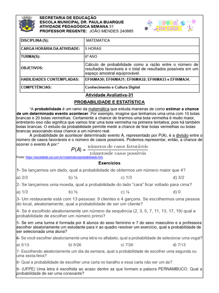 6 Ano Atividade Avaliativa 31 PDF | PDF | Probabilidade