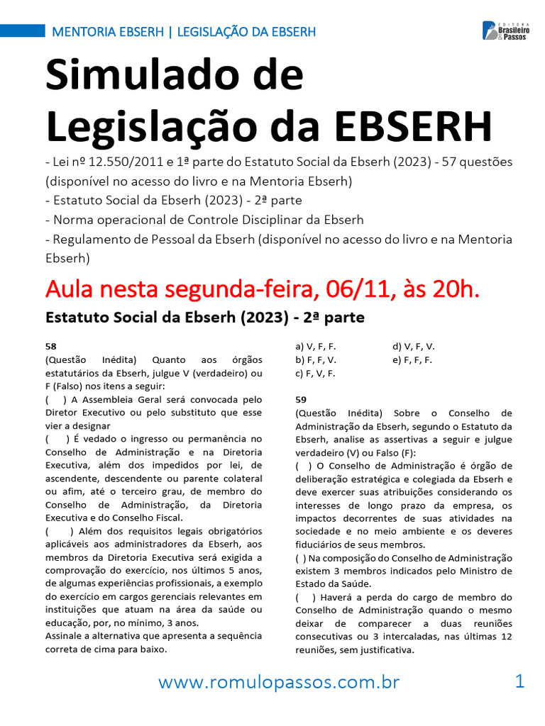 Simulado de Legislação da EBSERH 2023 | PDF | Auditoria interna ...
