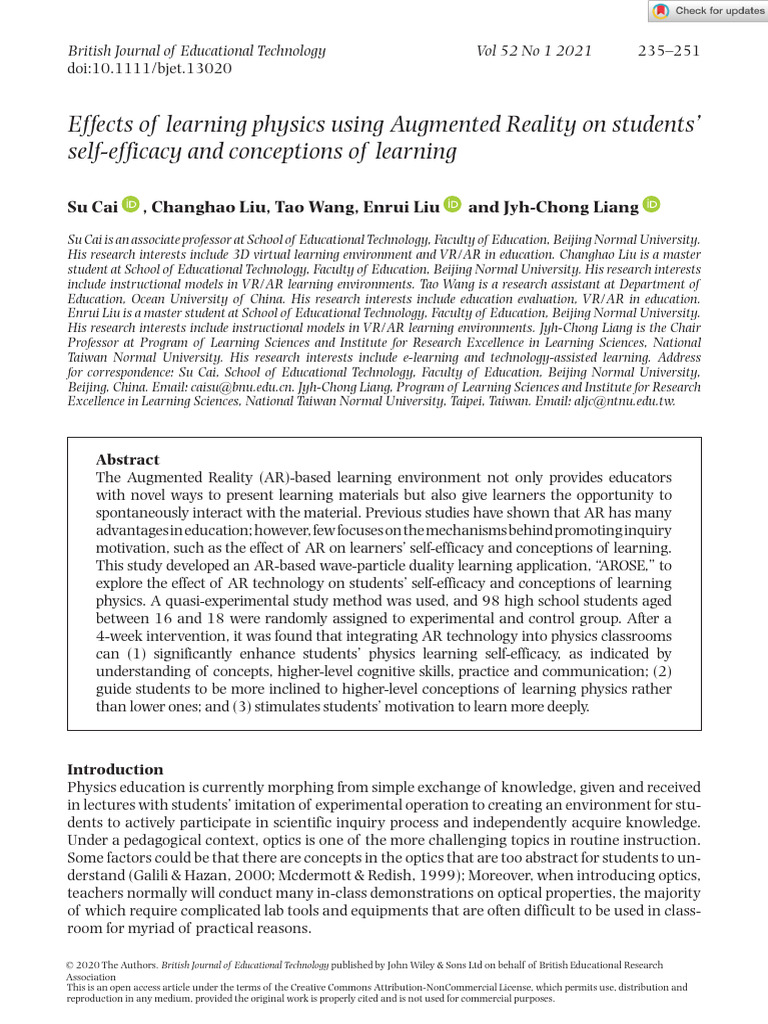 Effects of learning physics using augmented reality on students self