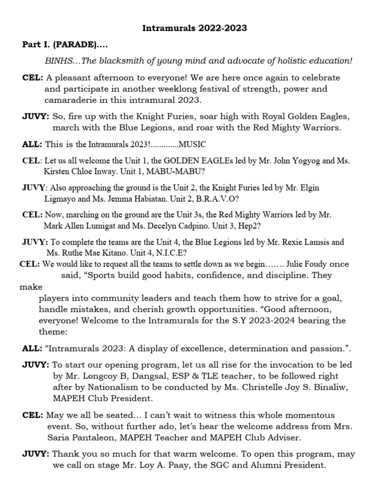 Intramurals 2023 Opening Program Script | PDF | Travel